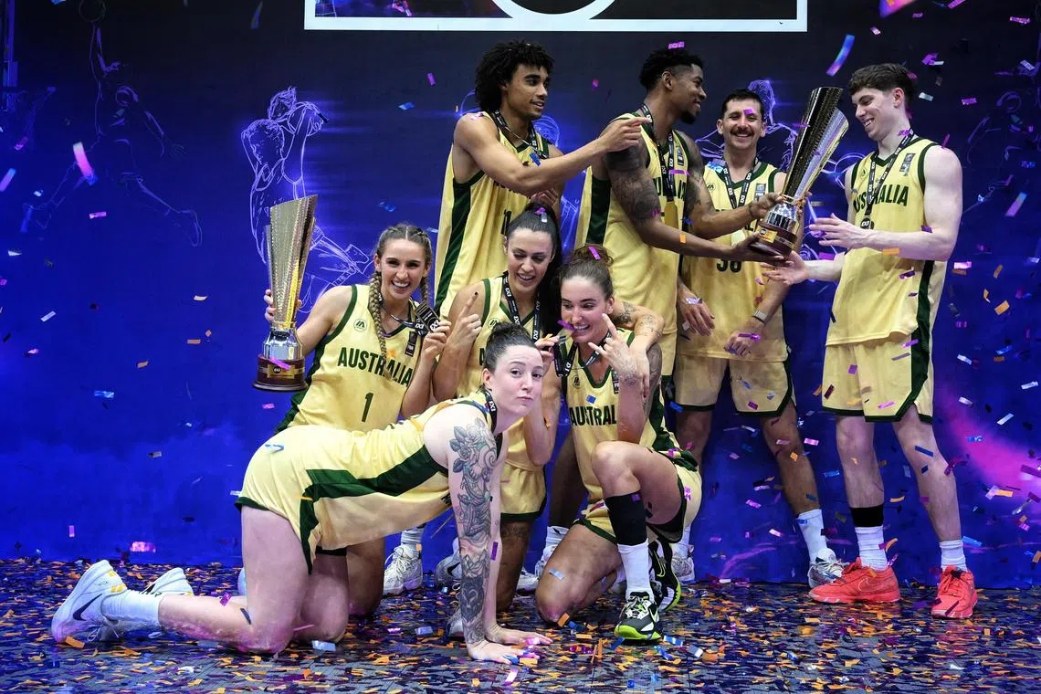 Australia players celebrating their victory in the Men’s and Women’s final of the Fiba 3X3 Asia Cup held in Singapore on March 30, 2025