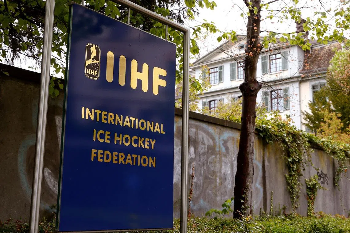 FILE PHOTO: The logo of the International Ice Hockey Federation (IIHF) is seen in front of its seat in Zurich, Switzerland April 26, 2016. REUTERS/Arnd Wiegmann/File Photo