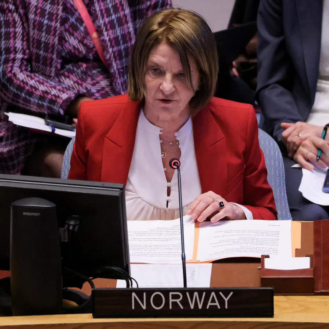 Norway's Ambassador to the United Nations Mona Juul addresses the United Nations Security Council during a meeting, amid Russia's invasion of Ukraine, at the United Nations Headquarters in Manhattan, New York City, New York, U.S., April 5, 2022. REUTERS/Andrew Kelly