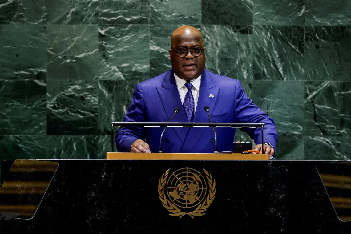 FILE PHOTO: Democratic Republic of the Congo's President Felix Tshisekedi addresses the 80th United Nations General Assembly at U.N. headquarters in New York, U.S., September 23, 2025. REUTERS/Eduardo Munoz/File Photo