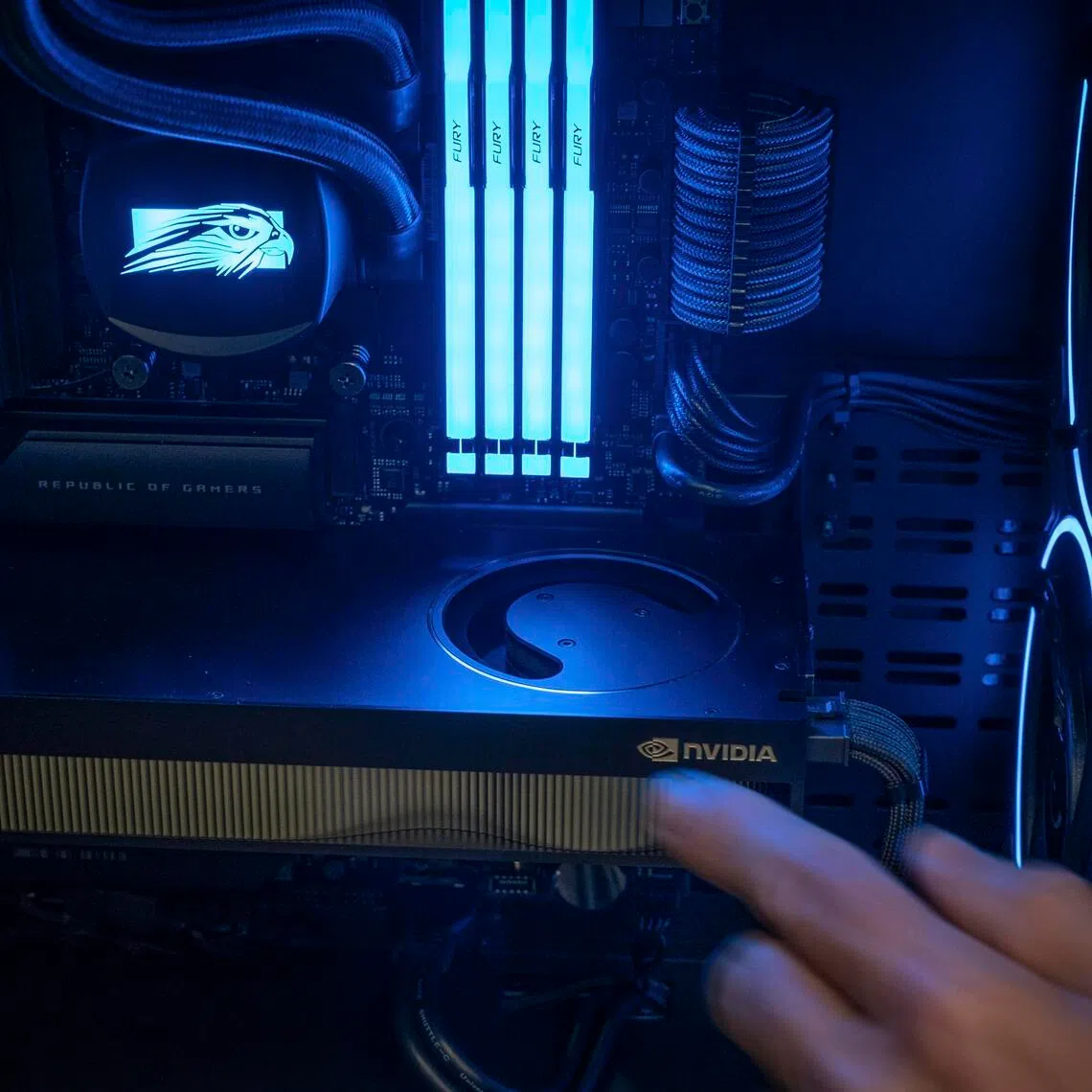 Illuminated memory modules inside a customized PC in the production room at Falcon Northwest which specializes in assembling customized PC.