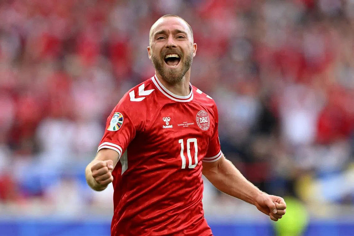 Soccer Football - Euro 2024 - Group C - Slovenia v Denmark - Stuttgart Arena, Stuttgart, Germany - June 16, 2024 Denmark's Christian Eriksen celebrates scoring their first goal REUTERS/Angelika Warmuth