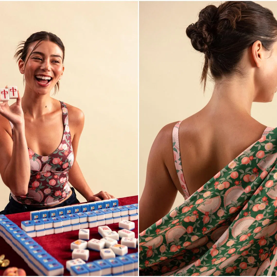 (From left) Perk by Kate x Studio Qiling Mia Padded Crop Top, Perk by Kate x Studio Qiling print.