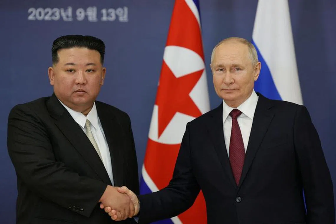 Russia's President Vladimir Putin shakes hands with North Korea's leader Kim Jong Un during a meeting at the Vostochny Сosmodrome in the far eastern Amur region, Russia, September 13, 2023. Sputnik/Vladimir Smirnov/Pool via REUTERS