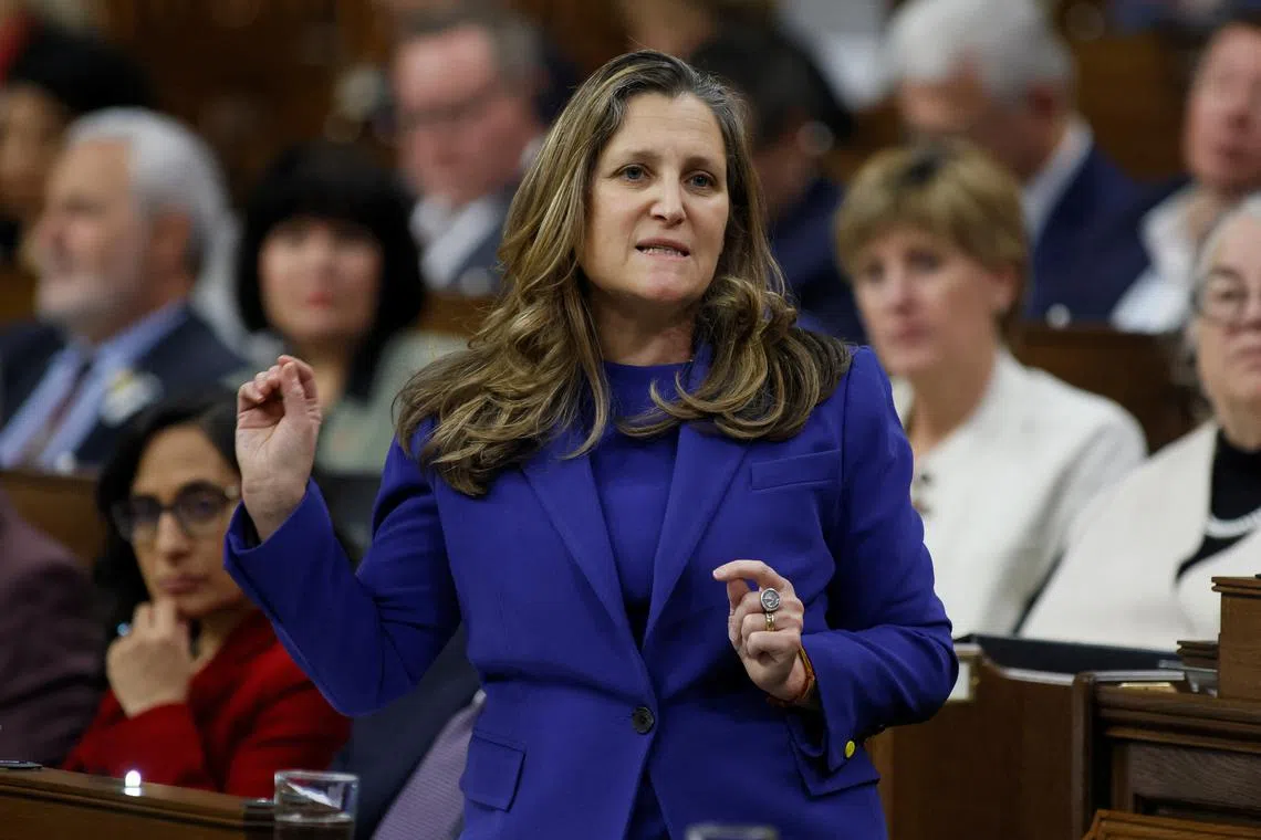 FILE PHOTO: Canada's Deputy Prime Minister and Minister of Finance Chrystia Freeland speaks during Question Period in the House of Commons on Parliament Hill in Ottawa, Ontario, Canada December 3, 2024. REUTERS/Blair Gable/File Photo