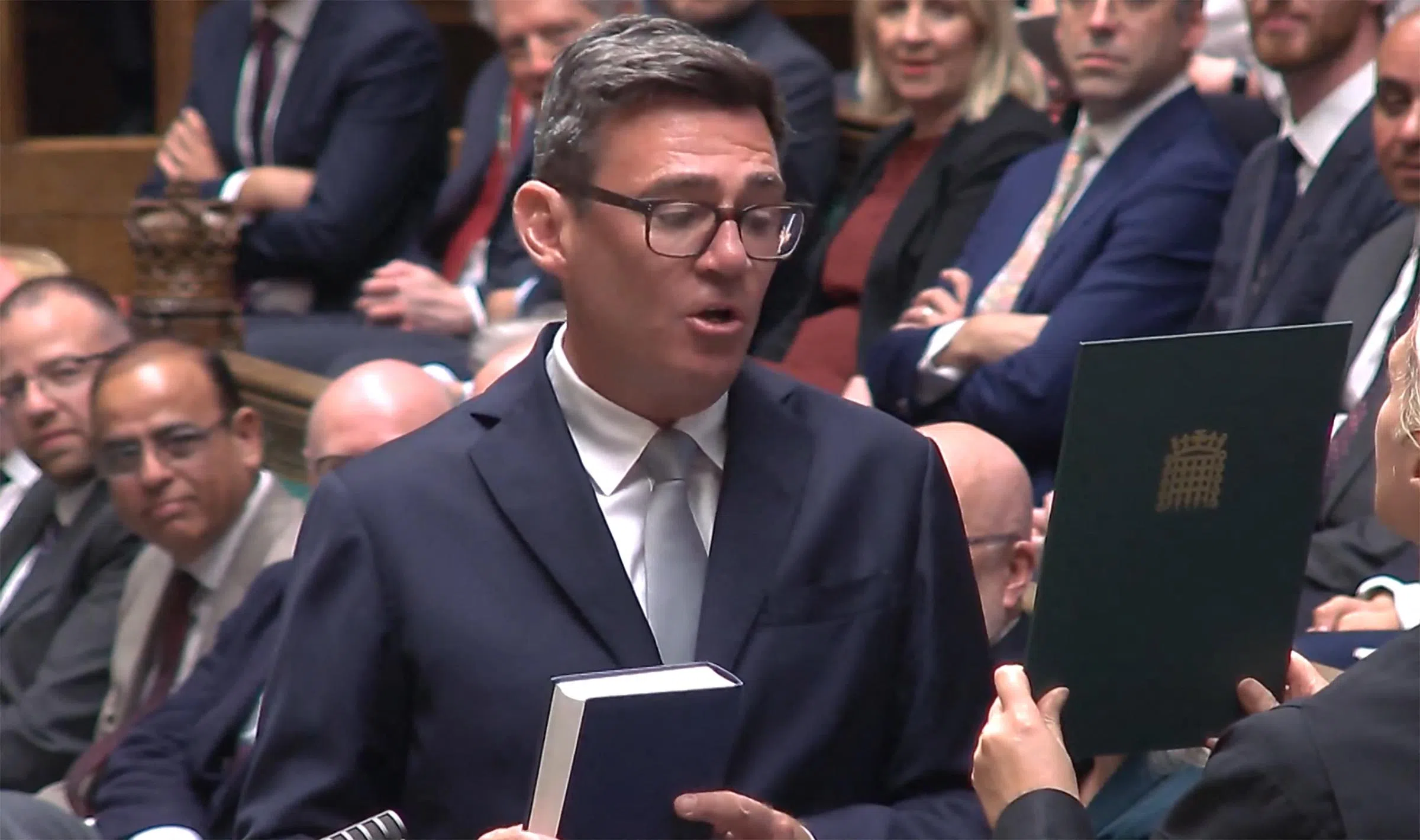 Andy Burnham being sworn in as new Labour MP for Makerfield in Parliament in London on June 22.