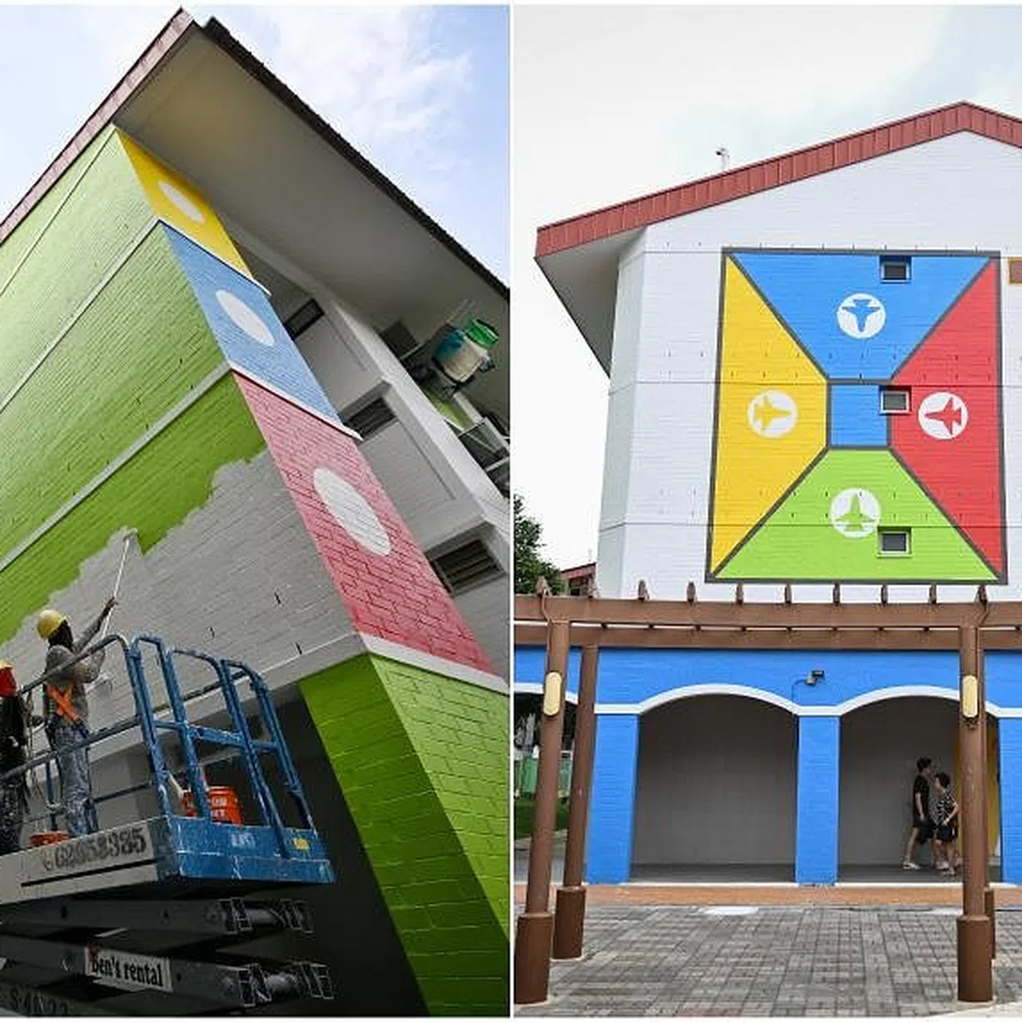 Workers repainting the wall of Block 479 Tampines Street 44 (left) on July 5. It is one of 13 blocks painted in June with nostalgia-themed motifs.