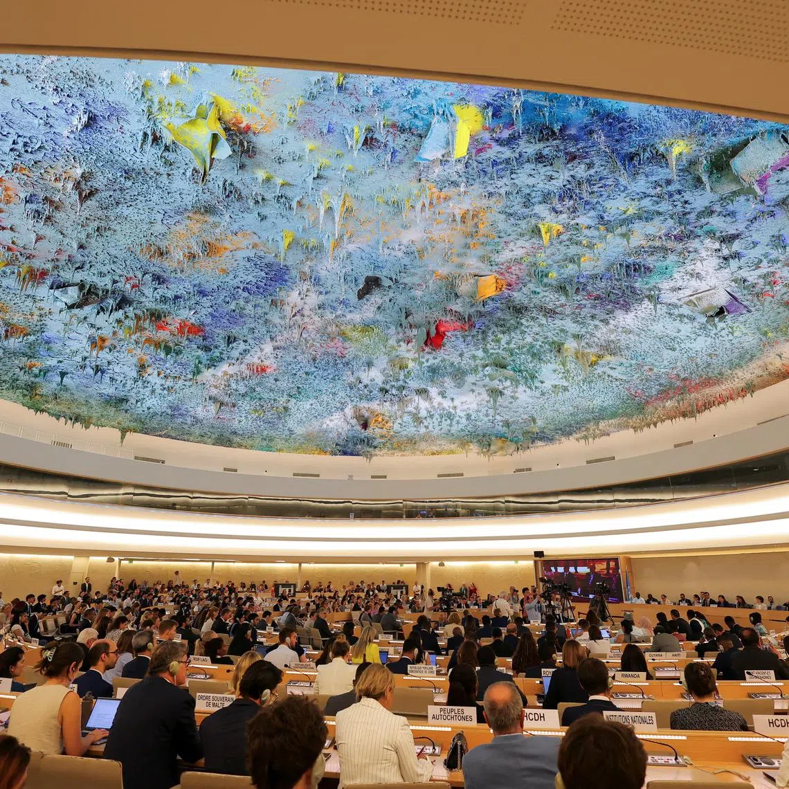 FILE PHOTO: Delegates watch during a special session of the Human Rights Council at the United Nations in Geneva, Switzerland, June 20, 2025. REUTERS/Denis Balibouse/File Photo RC2D6FAZACRL