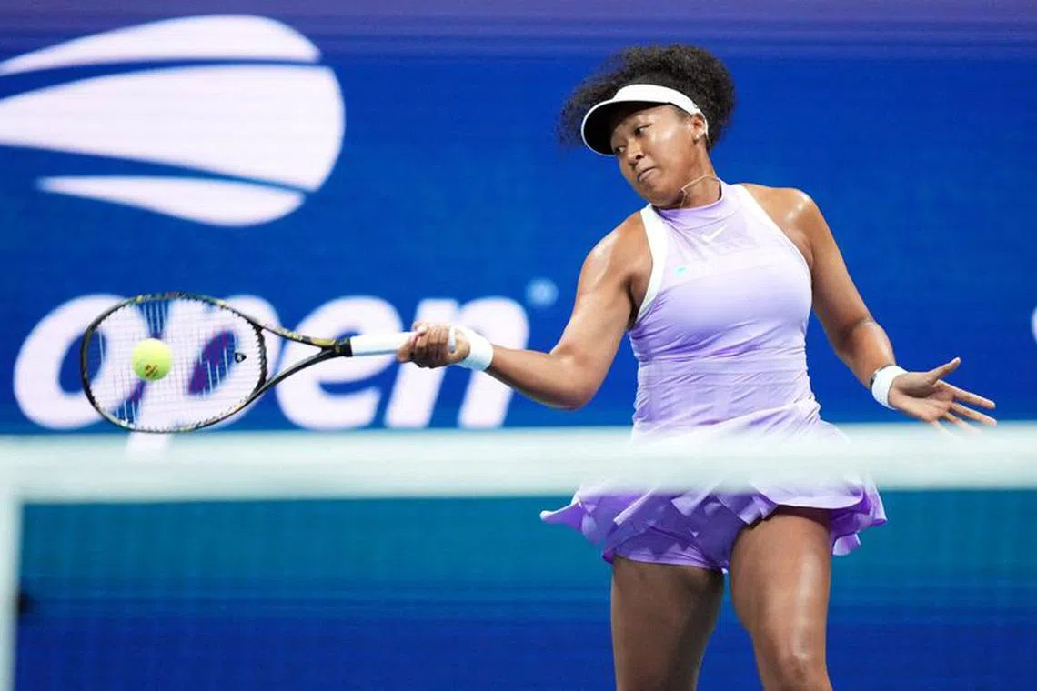 FILE PHOTO: Aug 30, 2022; Flushing, NY, USA; Naomi Osaka of Japan hits to Danielle Collins of the United States on day two of the 2022 U.S. Open tennis tournament at USTA Billie Jean King National Tennis Center. Mandatory Credit: Danielle Parhizkaran-USA TODAY Sports/File Photo