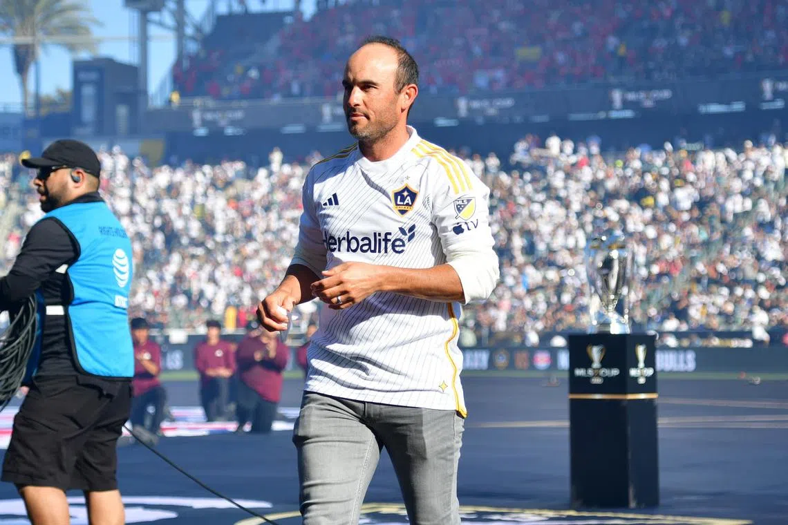 Dec 7, 2024; Carson, California, USA; LA Galaxy former player Landon Donovan looks on before the 2024 MLS Cup against the New York Red Bulls at Dignity Health Sports Park. Mandatory Credit: Gary A. Vasquez-Imagn Images