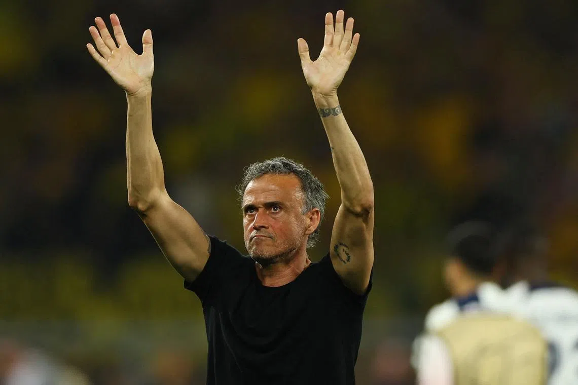 Soccer Football - Champions League - Semi Final - First Leg - Borussia Dortmund v Paris St Germain - Signal Iduna Park, Dortmund, Germany - May 1, 2024 Paris St Germain coach Luis Enrique looks dejected after the match REUTERS/Thilo Schmuelgen