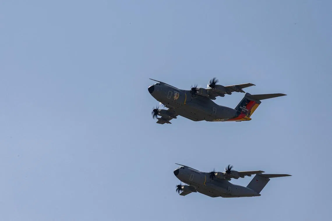 Two Airbus A400M military aircrafts of the German Armed Forces Bundeswehr approach during the Air Defender Exercise 2023. 