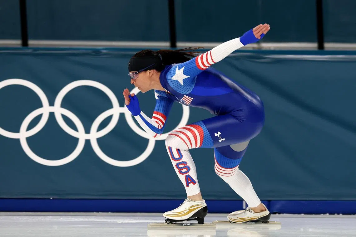 Milano Cortina 2026 Olympics - Speed Skating Training - Milano Speed Skating Stadium, Milan, Italy - February 05, 2026. Brittany Bowe of the United States during training REUTERS/Yves Herman