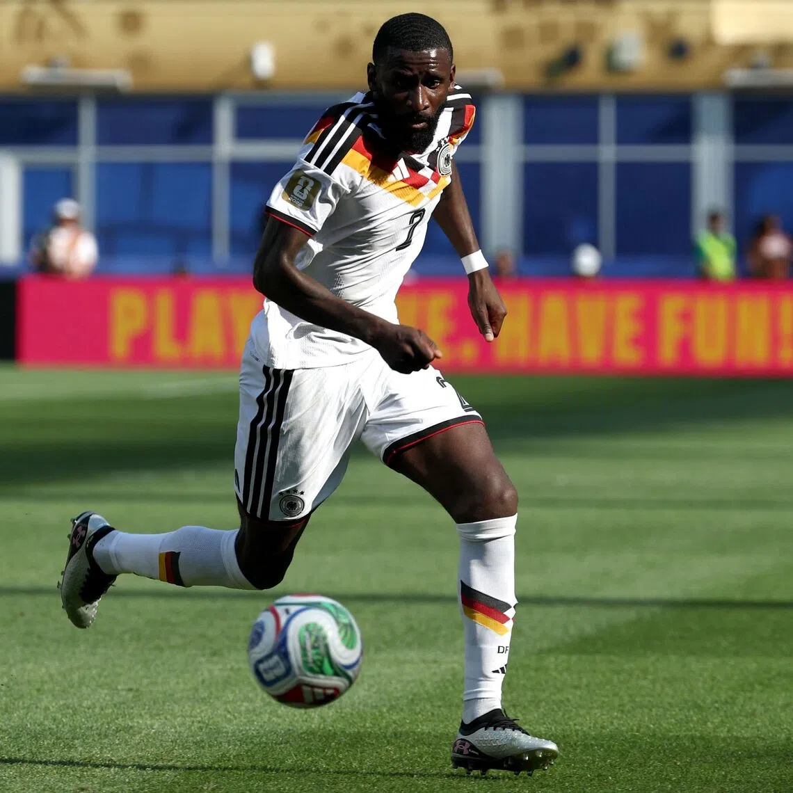 (FILES) Germany's defender #02 Antonio Ruediger controls the ball during the 2026 World Cup round of 32 football match between Germany and Paraguay at the Boston Stadium in Foxborough on June 29, 2026. Germany defender Antonio Rudiger on September 1, 2026 announced his international retirement, two months after last playing for Germany at the 2026 World Cup. The 33-year-old made 86 appearances for the four-time world champions. (Photo by FRANCK FIFE / AFP)