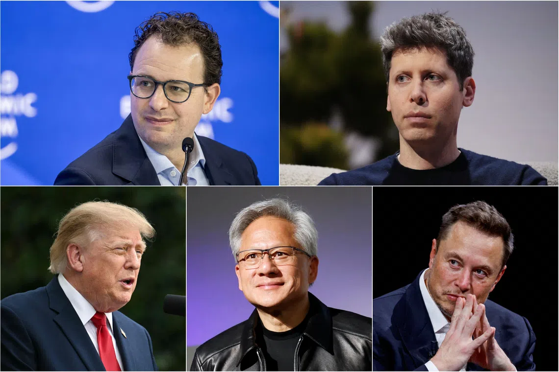 Those who have weighed in on the debate include (clockwise from top left) co-founder of Anthropic Dario Amodei, OpenAI’s chief executive Sam Altman, founder of SpaceXAI Elon Musk, Nvidia’s chief executive Jensen Huang and US President Donald Trump.