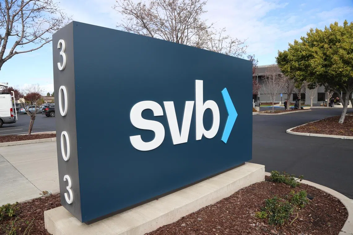 epa10521190 SVB sign at the headquarters of Silicon Valley Bank (SVB) in Santa Clara, California, USA, 13 March 2023. The Federal Deposit Insurance Corporation (FDIC) took control of the bank's assets, making it the largest bank to do so since the 2008 finical crisis.  EPA-EFE/GEORGE NIKITIN