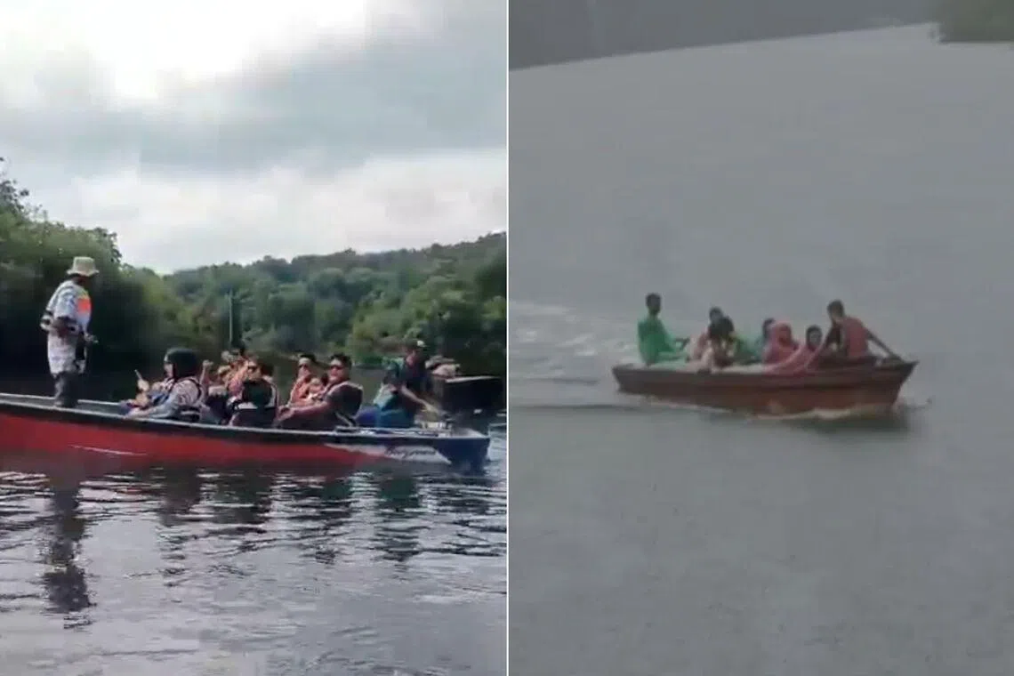 As the fast-moving boat turned a corner, it flipped over and capsized in the middle of the river.
