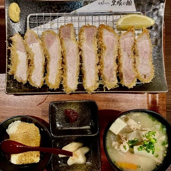 (Clockwise from top left) Kanpachi Amberjack, Berkshire black Kurobuta Pork, Karen Kagoshima's marbled wagyu and kurobuta and Tontoro Ramen in Kagoshima.