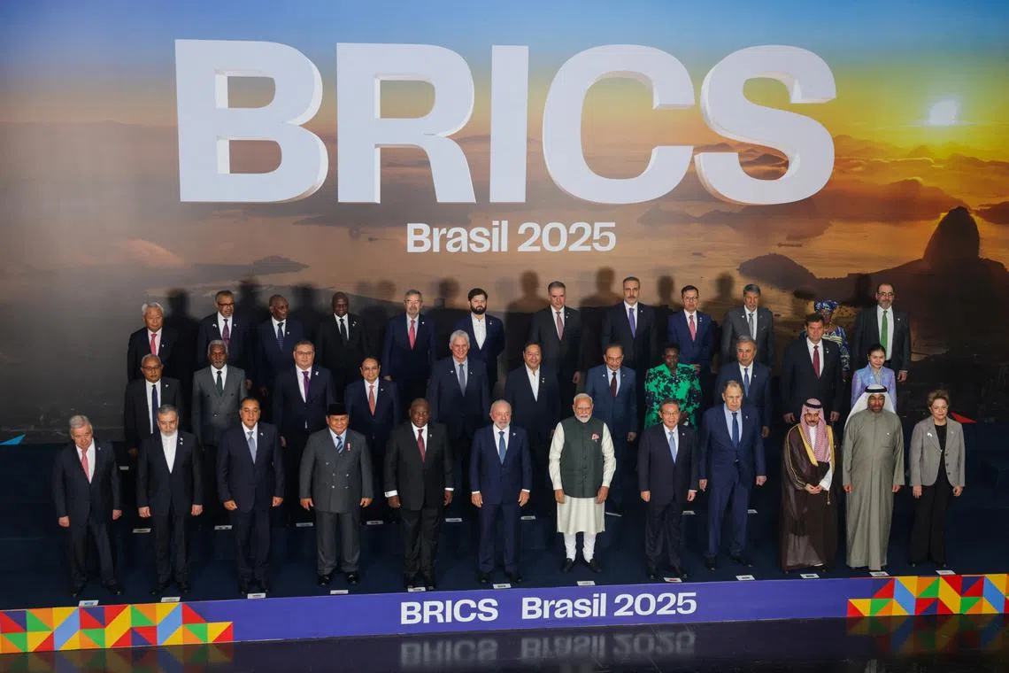 Leaders of the BRICS group pose for the family photo during the BRICS Summit in Rio de Janeiro, Brazil July 7, 2025. REUTERS/Ricardo Moraes