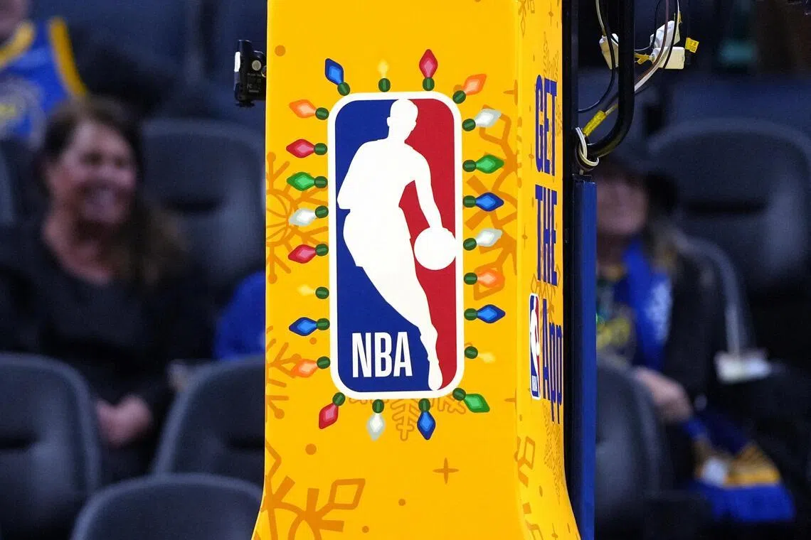 The NBA logo being displayed during a game between the Golden State Warriors and the Dallas Mavericks at Chase Center on Dec 25, 2025.