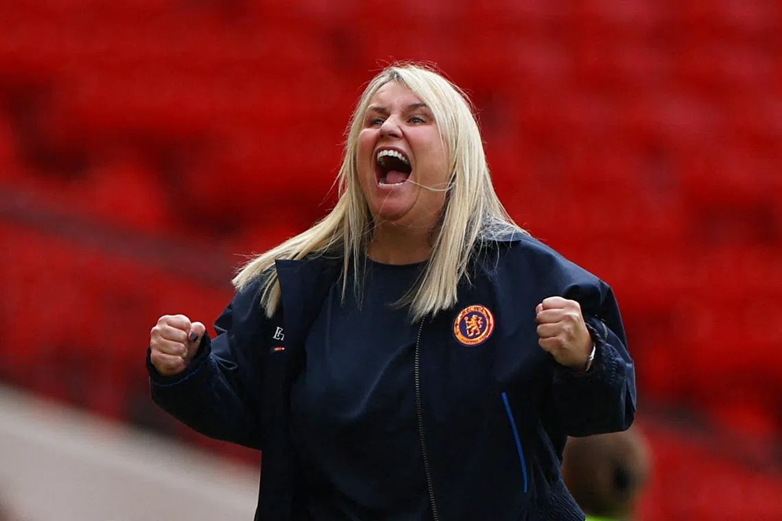 FILE PHOTO: Soccer Football - Women's Super League - Manchester United v Chelsea - Old Trafford, Manchester, Britain - May 18, 2024 Chelsea manager Emma Hayes celebrates after Johanna Rytting Kaneryd scores their second goal REUTERS/Molly Darlington/File Photo