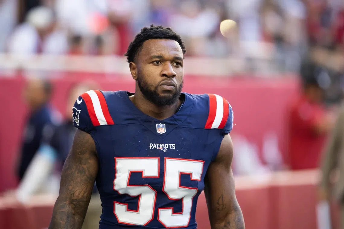 Dec 15, 2024; Glendale, Arizona, USA; New England Patriots linebacker Yannick Ngakoue (55) against the Arizona Cardinals at State Farm Stadium. Mark J. Rebilas-Imagn Images/File Photo