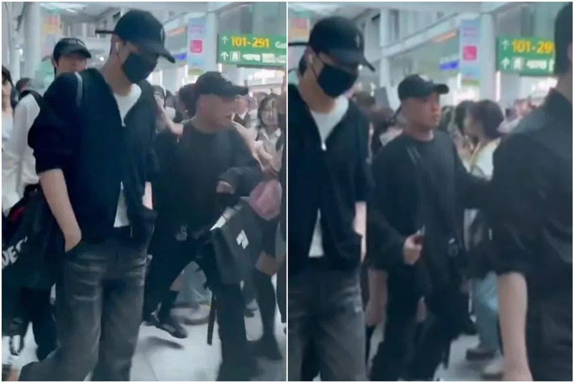 A video of K-pop boy group Zerobaseone’s manager (in black cap, unmasked) pushing fans at an airport and appearing to raise his fist circulated on X.