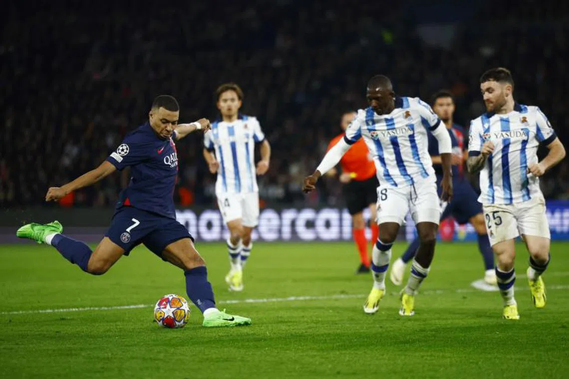 Soccer Football - Champions League - Paris St Germain v Real Sociedad - Parc des Princes, Paris, France - February 14, 2024 Paris St Germain's Kylian Mbappe shoots at goal REUTERS/Sarah Meyssonnier