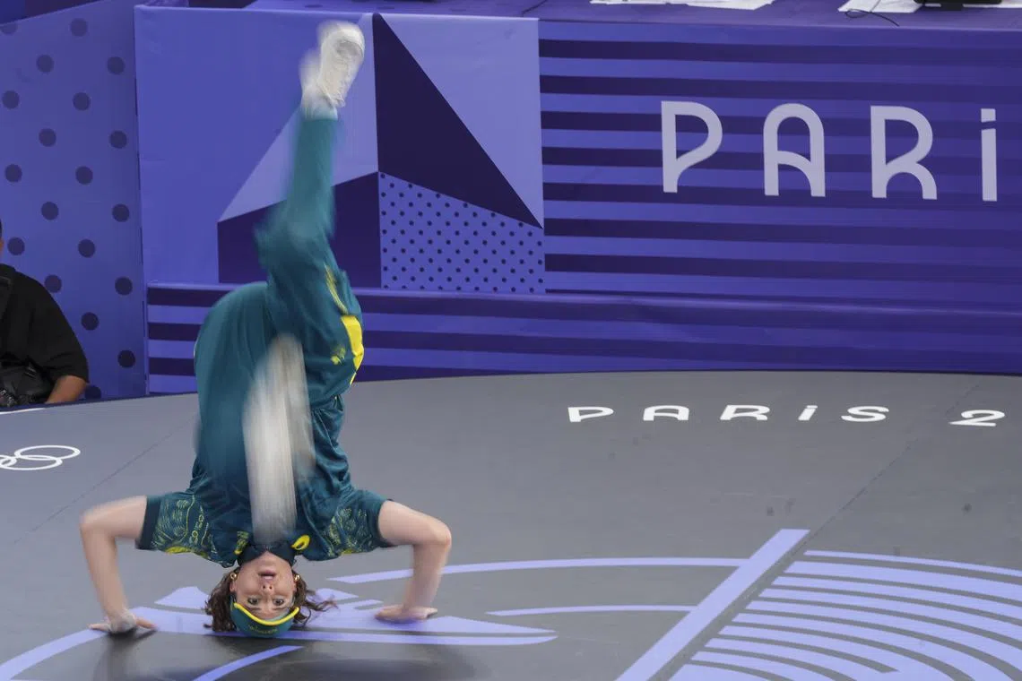 Rachael Gunn of Australia, known as Raygun, performs in the Paris Olympics b-girls breaking competition final at Place de la Concorde on Aug. 9, 2024. Breaking, the dance form created more than 50 years ago in the Bronx, made its Olympic debut but will not feature at LA 2028.