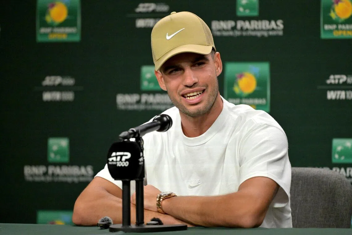 Spain's world No. 1 Carlos Alcaraz speaking to the media at a news conference ahead of Indian Wells at the Indian Wells Tennis Garden on March 3, 2026.