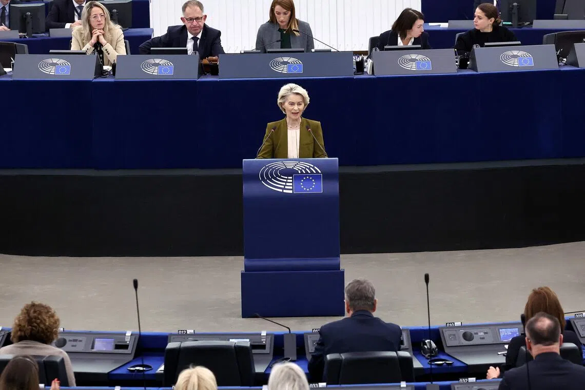 European Commission president Ursula von der Leyen delivering a speech on Ukraine at the European Parliament on Nov 26.