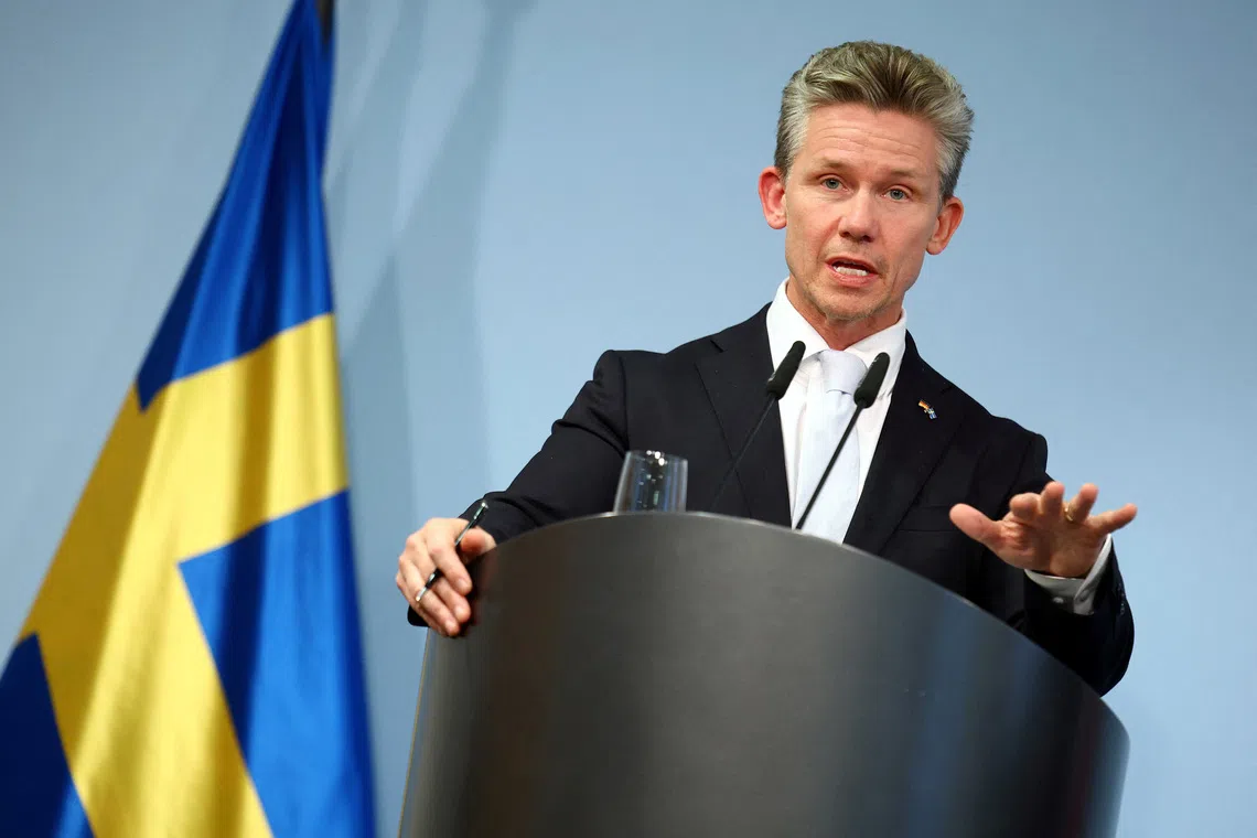 Swedish Defence Minister Pal Jonson attends a press conference in Berlin, Germany, September 23, 2025. REUTERS/Lisi Niesner