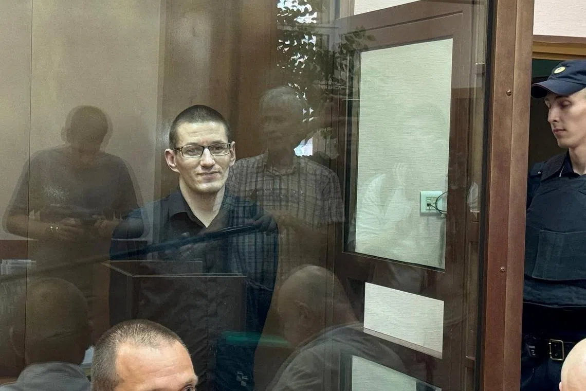 FILE PHOTO: U.S. citizen Robert Woodland, accused of drug trafficking, stands inside an enclosure for defendants as he attends a court hearing in Moscow, Russia July 4, 2024. Moscow City Court Press Service/Handout via REUTERS/File Photo