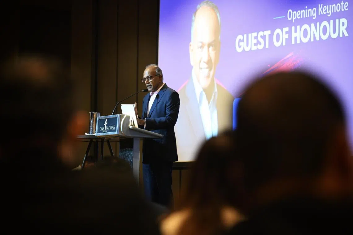 Minister for Law and Home Affairs K. Shanmugam delivering a speech at the APAC Legal Congress on April 23, 2024. ST PHOTO: Chong Jun Liang

Minister for Law and Home Affairs K. Shanmugam  delivering a speech at the APAC Legal Congress 2024 on April 23, 2024.
