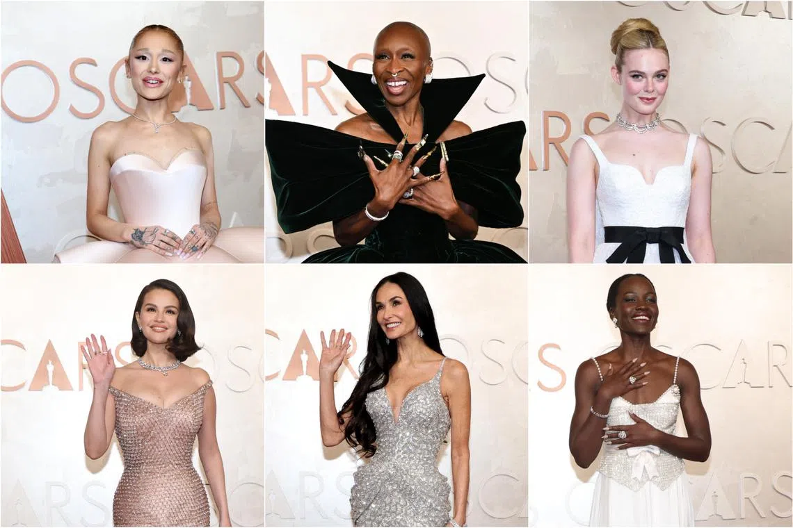 (Clockwise from top left) Ariana Grande, Cynthia Erivo, Elle Fanning, Lupita Nyong'o, Demi Moore and Selena Gomez.