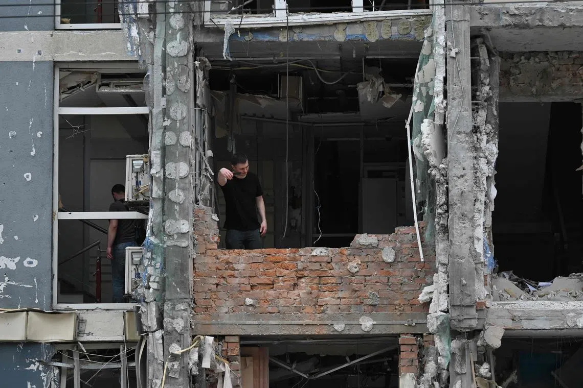 A multistory residential building damaged by a Russian drone strike in Kyiv, Ukraine.