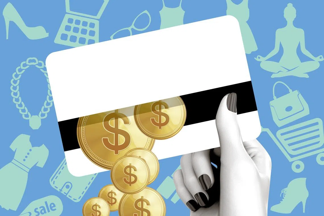 Illustration of a woman holding a credit card.