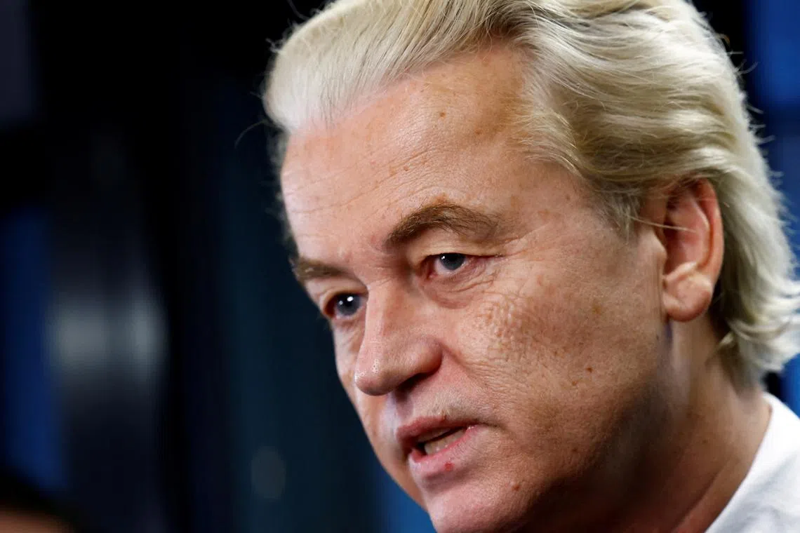 FILE PHOTO: Dutch far-right politician and leader of the PVV party Geert Wilders reacts as he meets the press in The Hague, Netherlands, November 24, 2023. REUTERS/Piroschka van de Wouw/File Photo