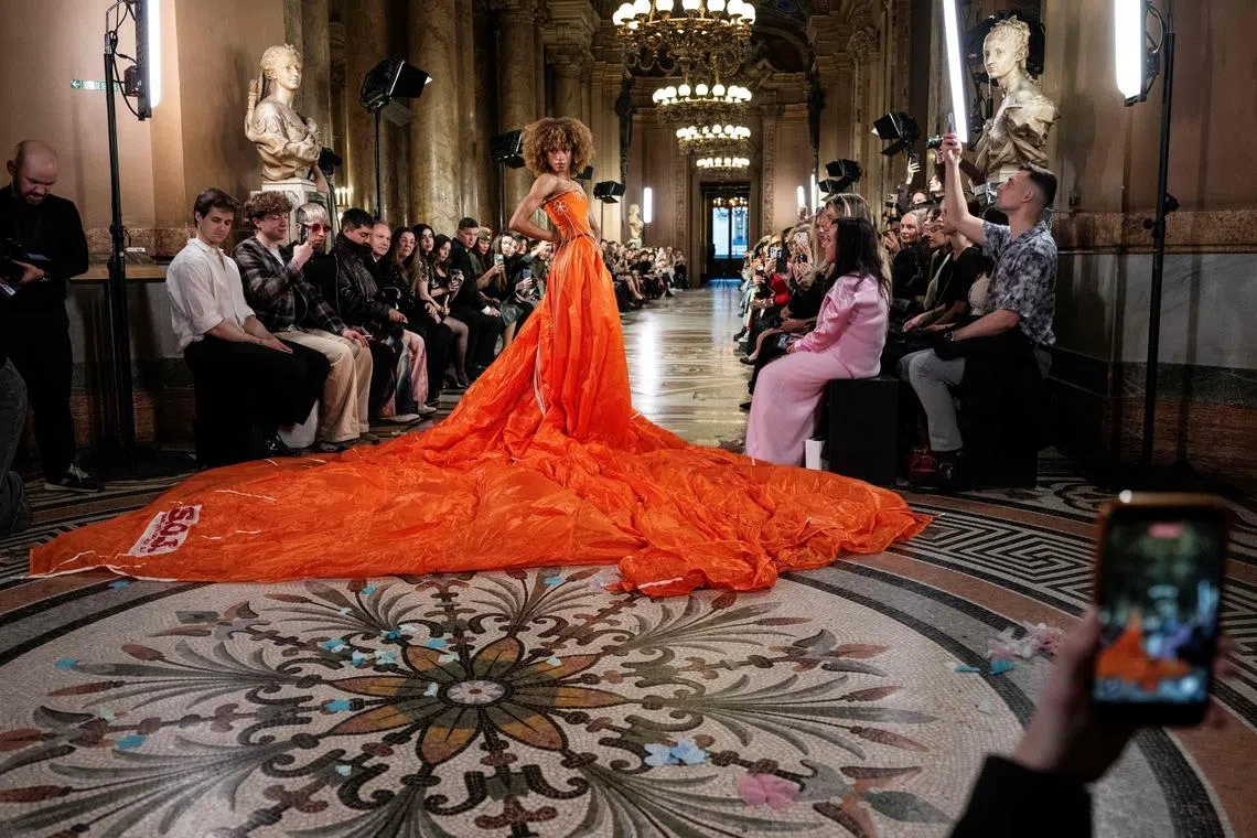 A model presenting a creation by Max Alexander as part of the Paris Women Fashion Week, at the Palais Garnier, in Paris, on March 3, 2026.