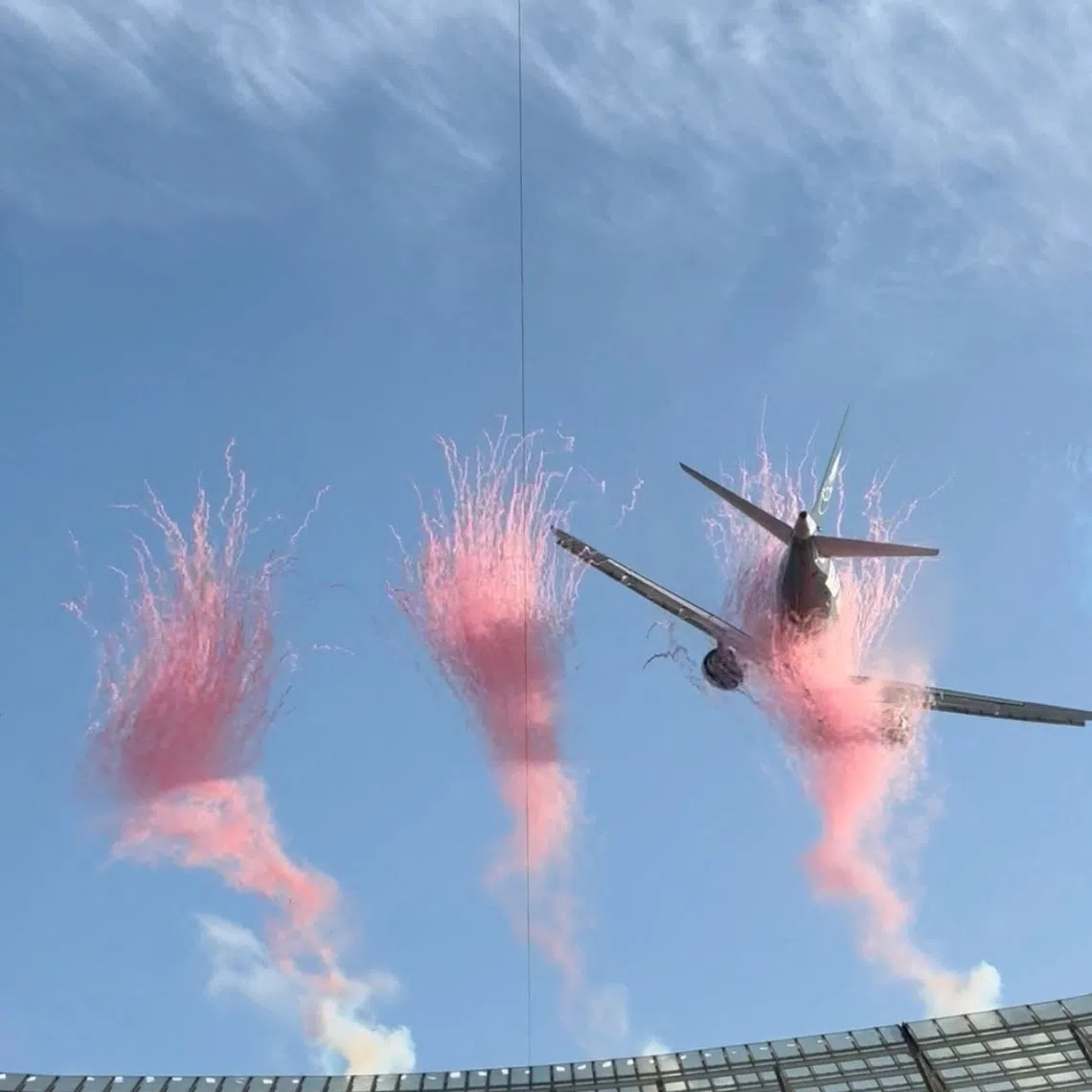 An aircraft performs a low flyover over the DHL Stadium before the Rugby Union match between South Africa's Springboks and New Zealand's All Blacks, in Cape Town, South Africa, August 29, 2026, in this still image obtained from a social media video. Jamie Rossouw/via REUTERS
