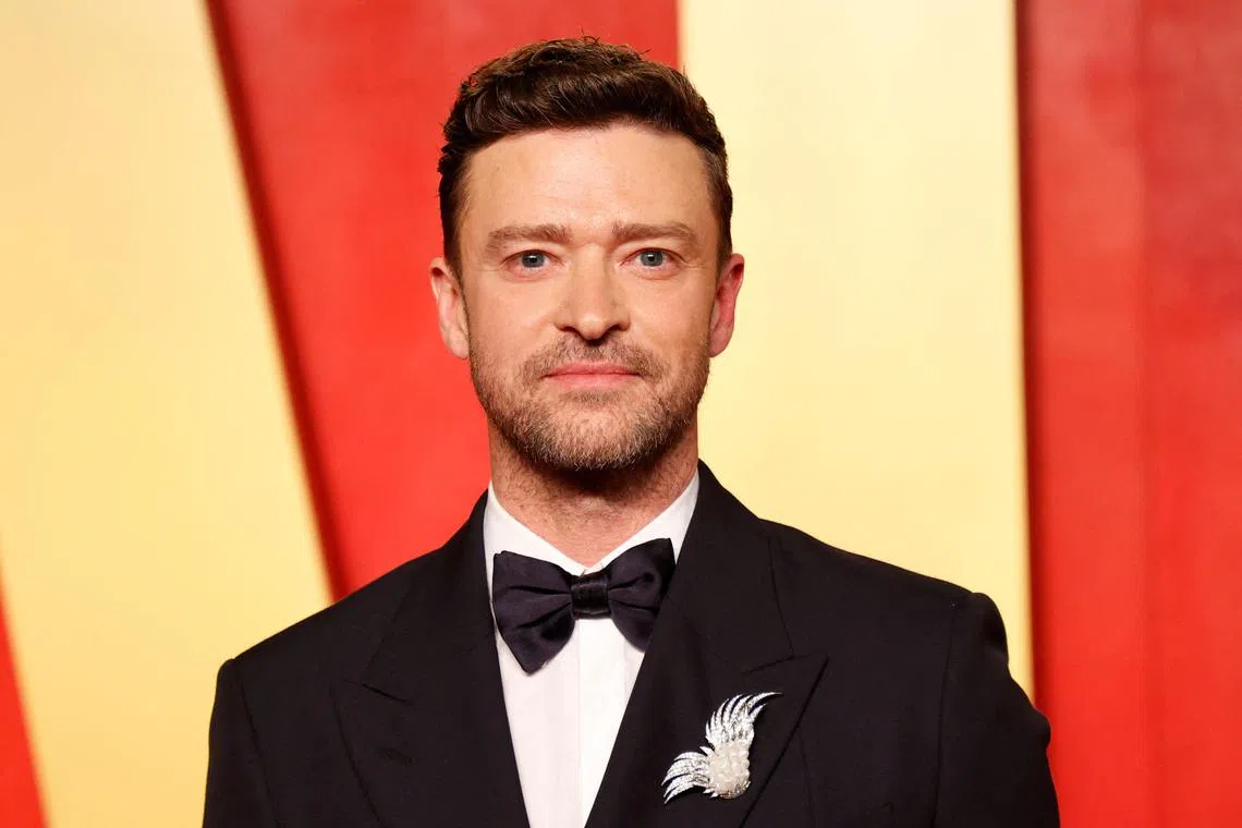 (FILES) US singer-songwriter Justin Timberlake attends the Vanity Fair Oscars Party at the Wallis Annenberg Center for the Performing Arts in Beverly Hills, California, on March 10, 2024. Timberlake was arrested in the early hours of June 18 for driving while intoxicated, according to local media. He was arraigned in a Sag Harbor, New York, court on June 18, 2024 (Photo by Michael TRAN / AFP)