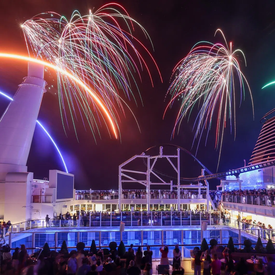 A fireworks display at sea on board the Disney Adventure cruise ship during a preview. It will set sail on its first public voyage on March 10.