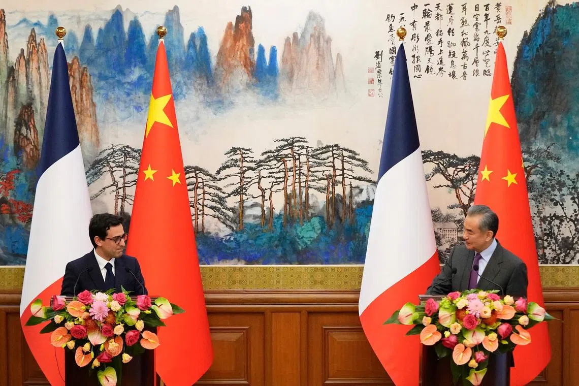 France's Minister for Foreign and European Affairs Stephane Sejourne (left) and China's Foreign Minister Wang Yi hold a press conference after their meeting at the Diaoyutai State Guest House in Beijing.