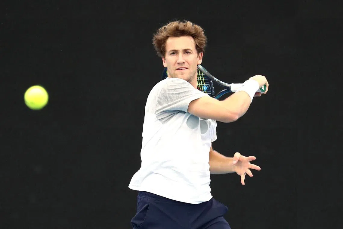 Casper Ruud of Norway practises on Pat Rafter Arena ahead of the 2023 United Cup tennis tournament.