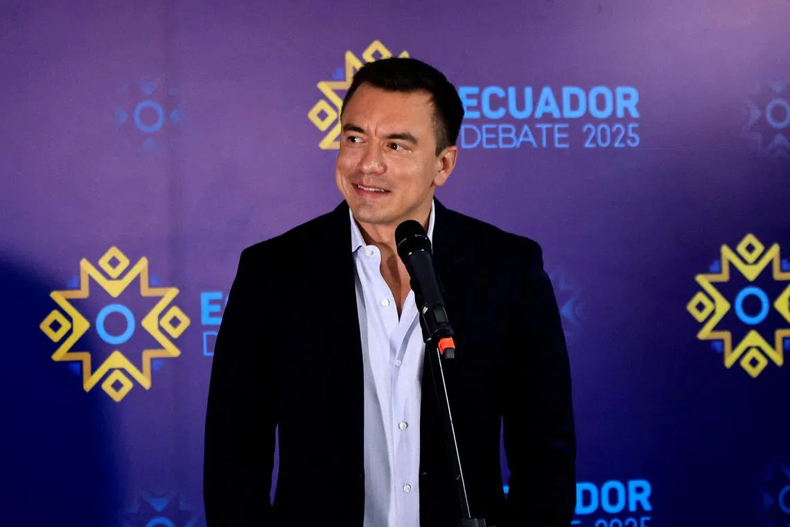 FILE PHOTO: Ecuador’s president Daniel Noboa, who is seeking re-election, addresses the media on the day of a televised presidential debate, in Quito, Ecuador March 23, 2025. REUTERS/Karen Toro/File Photo