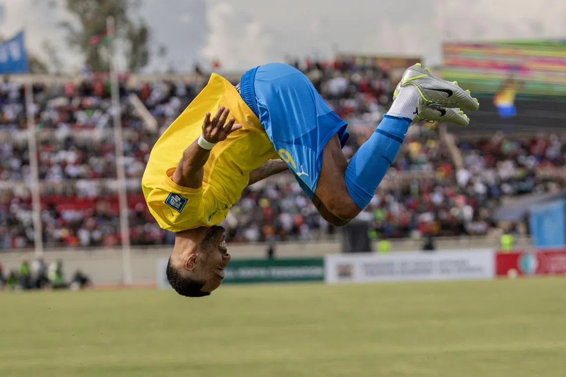 Gabon's Pierre-Emerick Aubameyang celebrates after scoring a goal during the World Cup 2026 Africa qualifiers group F match against Kenya at the Nyayo National Stadium in Nairobi on March 23, 2025.