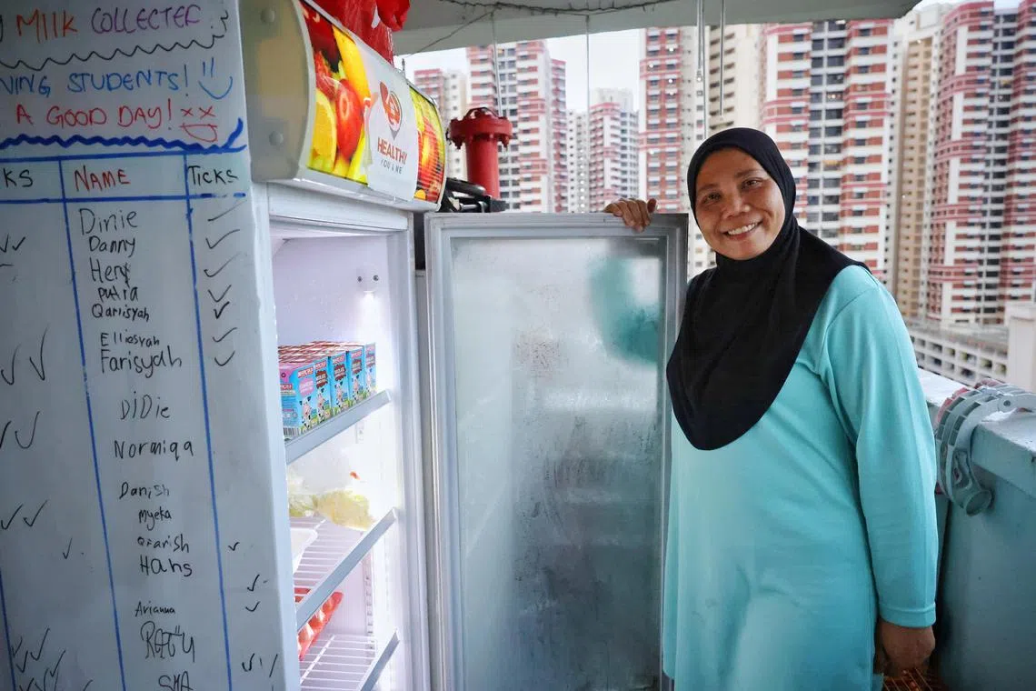 ST20240731_202421800340/thmarlina/Theresa Tan/Jason Quah

Mdm Marlina Yased posing for a photo with a community fridge outside her flat in Lengkok Bahru on July 31, 2024.