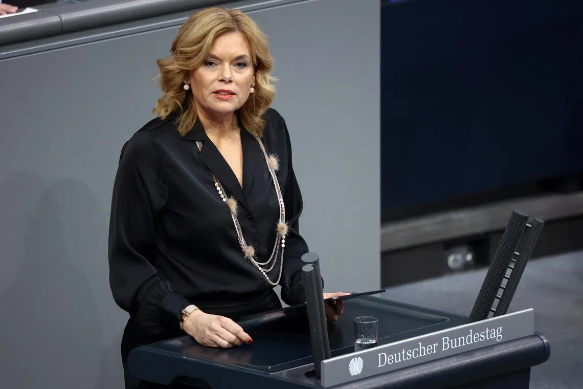 Julia Kloeckner, president of Germany's lower house of parliament, the Bundestag, speaks during a debate on violence against women and girls, at the Bundestag, in Berlin, Germany, March 25, 2026. REUTERS/Liesa Johannssen
