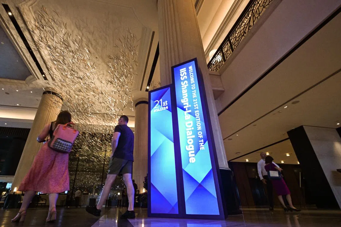 ST20240530-202474180575-Lim Yaohui-pixshang/ Lobby of Shangri-La Hotel on May 30, 2024, in the lead up to the IISS Shangri-La Dialogue 2024. The IISS Shangri-La Dialogue is Asia's premier defence summit. It’s a unique meeting where ministers debate the region’s most pressing security challenges, engage in important bilateral talks and come up with fresh approaches together. The 2024 event will take place in Singapore on 31 May to 2 June. (ST PHOTO: LIM YAOHUI)