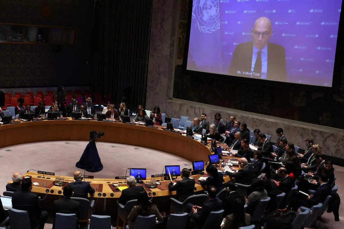 United Nations High Commissioner for Human Rights Volker Turk appears in a video link to brief the first meeting of the U.N. Security Council of 2025 on the situation in the Middle East including the Palestinian question at U.N. headquarters in New York City, U.S., January 3, 2025. REUTERS/Mike Segar/File Photo